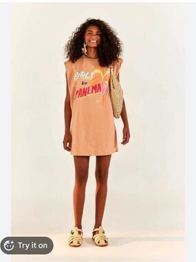 Farm Rio Graphic Tee Dress in Peach with 'Girls Rio Panema' Print in XL